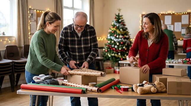 Group of diverse volunteers wrapping christmas gifts for charity in a festive community center room
