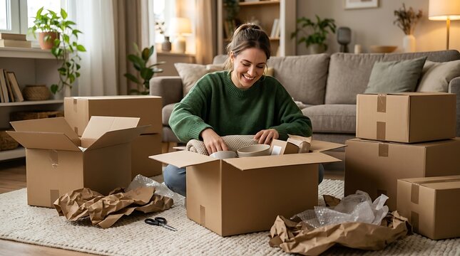Young woman packing cardboard boxes for moving into a new home in her cozy living room