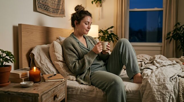 Young woman wearing pajamas sitting on her bed and reading a book in a cozy bedroom