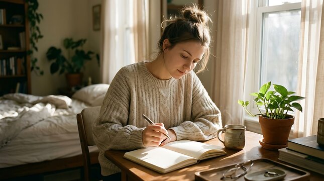 Young woman sitting by a bright window writing in a journal during a sunny morning