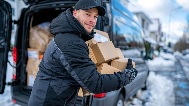Rear three-quarter view of a delivery worker wearing a warm hooded winter jacket and insulated gloves, unloading multiple packages from a compact cargo van parked on a snowy urban side street, parce
