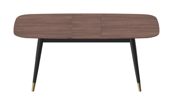 Modern extendable dining table with a dark wood top and sleek black legs isolated on white background