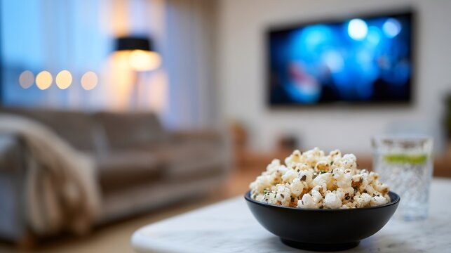 Bowl of popcorn on a table in front of a television