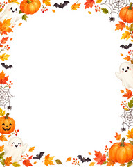 Fototapeta premium Cute watercolor Halloween frame with friendly ghosts pumpkins autumn leaves and spiderwebs with copy space on white background