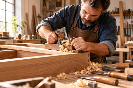 Carpenter planing wood in workshop creating furniture
