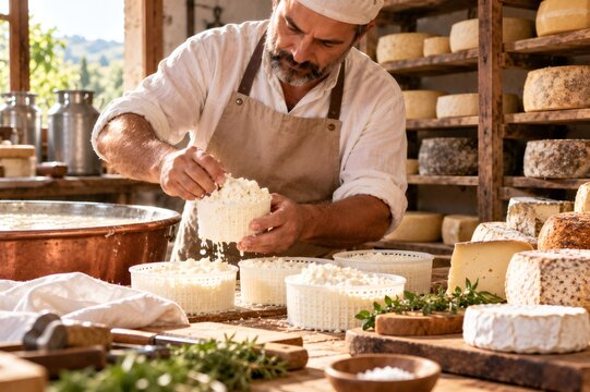 Artisan cheesemaker crafting fresh cheese curds by hand