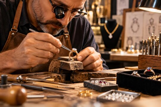 Jeweler crafting diamond ring with precision in workshop