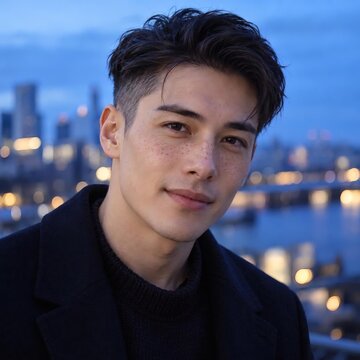 Freckled man with modern undercut in cool blue light
