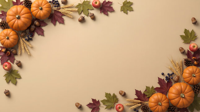 Autumn border frame featuring vibrant orange pumpkins, colorful maple leaves, acorns, pinecones, wheat stalks, and apples arranged against a neutral background with generous center copy spac