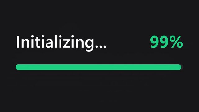 Initializing system status with green progress bar at 99 percent, digital loading screen for software update, minimalist tech interface