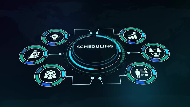 Futuristic HUD digital interface concept showing scheduling text with time management process icons.