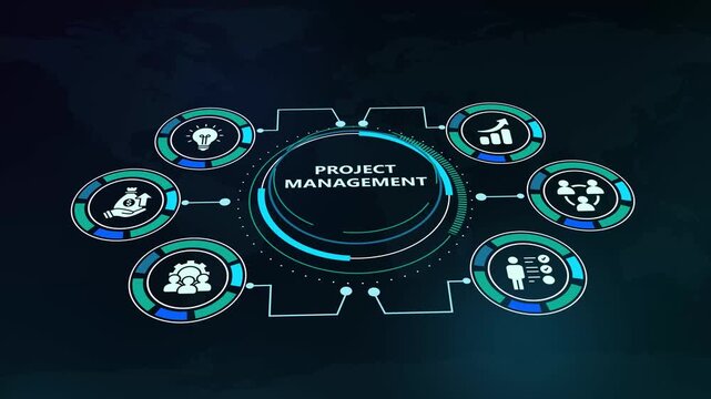 Futuristic HUD digital interface concept showing project management text with corporate workflow icons.