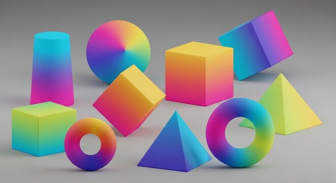 Abstract 3D Geometric Shapes with Vibrant Gradient Colors