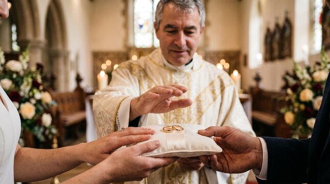 Wedding officiant blessing rings during ceremony in a church  