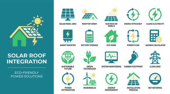 Solar Roof Integration Eco Friendly Power Solutions and Energy Efficiency Icons