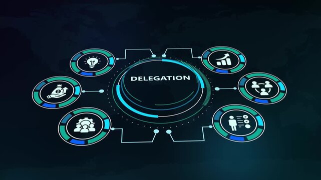 Business delegation model illustrating task distribution and team responsibility network on futuristic HUD digital interface