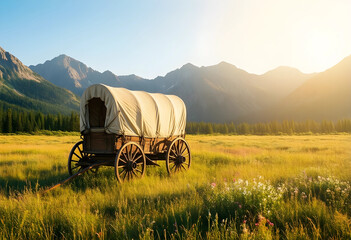 Naklejka premium Westward expansion and pioneer history, covered wagon in a mountain meadow at sunrise exploration and the american frontier heritage