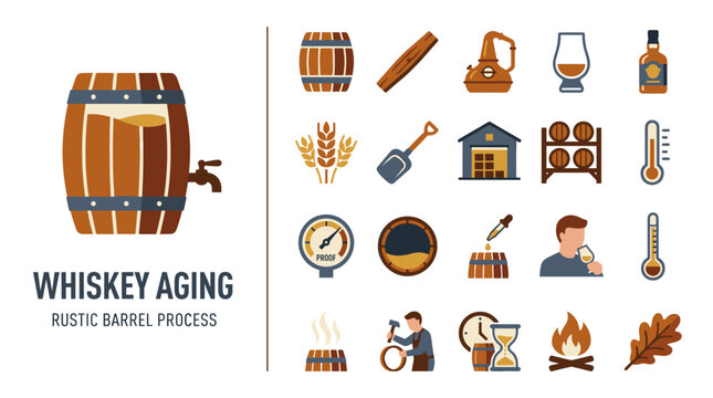 Whiskey Aging Process Icons Set Barrel Still Glass Bottle Warehouse Temperature Proof Meter Oak Leaf Fire Hourglass Wheat Distiller Man Tasting