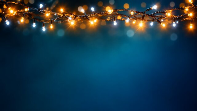 Festive bokeh Christmas lights on dark teal background, warm glow holiday decoration backdrop, string illuminations for greeting card or web copy space
