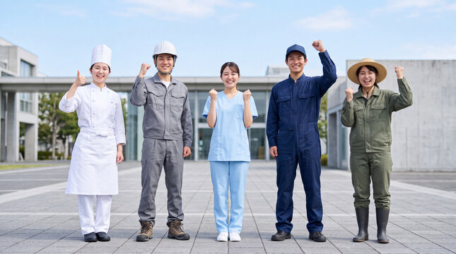 5人の若者が作業着や制服でガッツポーズ、専門学校や地元就職イベントで使える幅広い職種のやる気あふれる新人たち / Five motivated young Japanese people in various work uniforms posing with fists raised, a diverse group of newcomers for vocational school and 