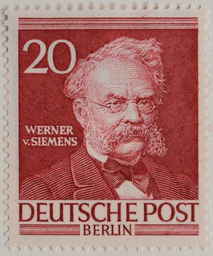 Werner von Siemens, a German inventor and industrialist, portrait on a German stamp, Berlin, 1952