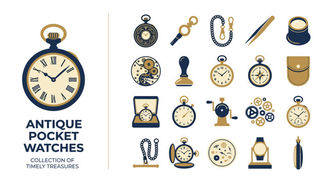 Collection of Antique Pocket Watches and Timekeeping Accessories Vector Illustration