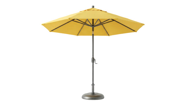 A 3D rendered yellow patio umbrella featuring a dark grey metal frame crank handle and heavy weighted rounded base isolated on a solid pure white studio background for commercial product visualization