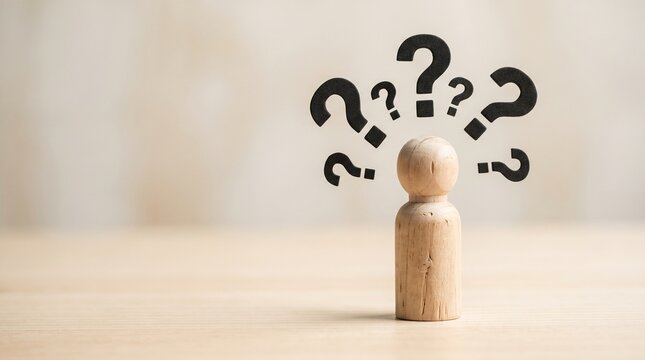 Small wooden figurine standing under multiple question marks symbolizing curiosity and doubt.