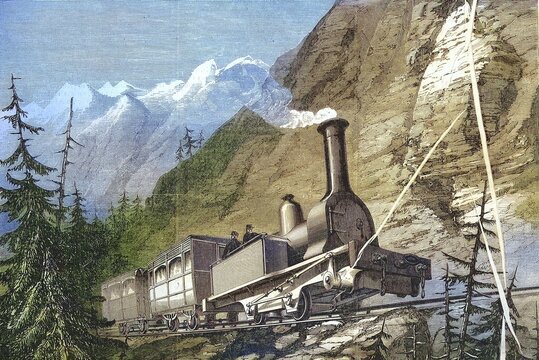 Engine driver on the locomotive on the Mont-Cenis railway, an international railway line operated from 1868 to 1871 on the border between France and Italy over the 2081 metre Mont-Cenis pass between Modane and Susa, Historic, digitally restored reproduction of an original 19th century artwork, exact original date unknown