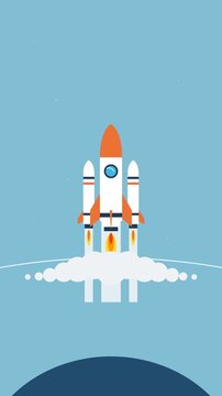 Flat design vector illustration of a space shuttle launching into the sky with smoke trails and boosters