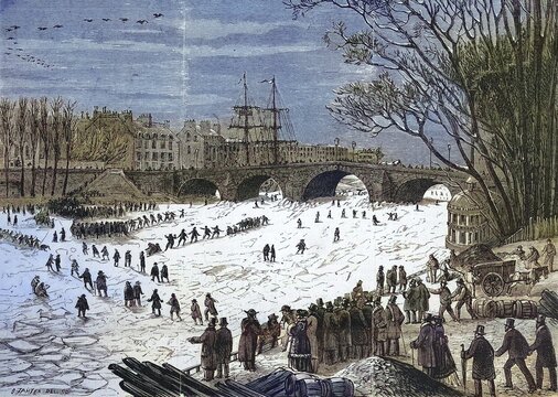 The frozen Seine on 3 January 1869, many walkers skating on the ice, Paris, France, Historic, digitally restored reproduction of a 19th century original, exact original date unknown