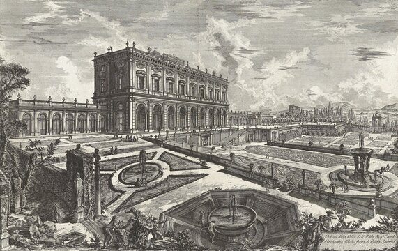 Ancient Rome, Villa Albani near Rome, View of the Villa dell' Emo, Alesandro Albani in front of the Porta Salaria, 1770, Italy, Historic, digitally restored reproduction from an original of the period