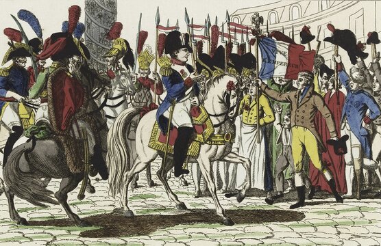 Napoleon Emperor of the French, on his return from Elba to his capital and received by the general cheering of the people, France, Historical, digitally restored reproduction from a 19th century original