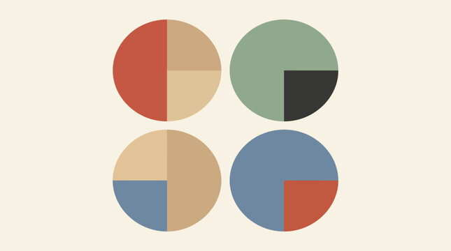 Abstract geometric composition with four circles divided into colored quadrants on a light background, showcasing modern design.