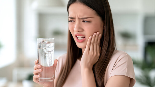 Woman suffering toothache while holding cold water