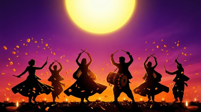 Group of people dancing traditional folk dance in front of a bright full moon during a night festival celebration