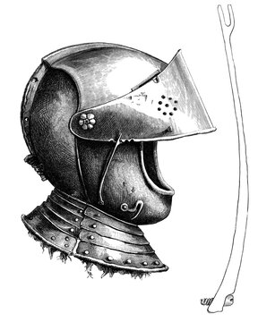 Visor helmet from around 1643, the piece on the side is the full size visor support used to hold the visor at different angles depending on the notch used, from the book The British Army, 1868, Historic, digitally restored reproduction from a 19th century original, Record date not stated