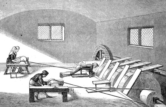 Polishing of Agate Semi-Precious Stones in Idar Oberstein, Germany, 1856, Historic, digital reproduction of an original 19th century pattern