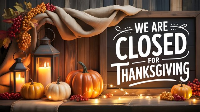 Happy thanksgiving greeting sign with pumpkins, autumn leaves, berries, and lanterns on a rustic wooden background