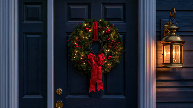 Christmas wreath evergreen wreath horse themed decor horseshoe center red ribbon dark blue door Christmas wreath, evergreen wreath and horseshoe