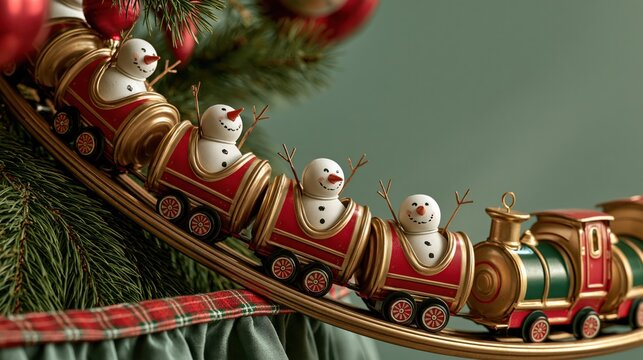 Angled view of tiny toy train circling the Christmas tree with snowman passengers raising arms. Funny Christmas photo for holiday and humor content.