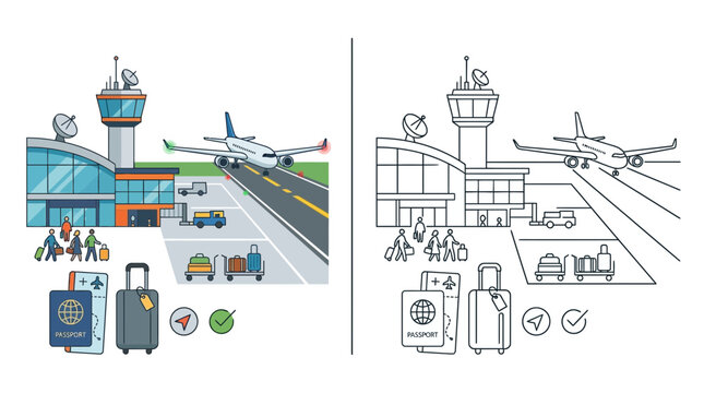 Airport Travel Icons & Illustration: Airplane, Terminal, Luggage, Passport