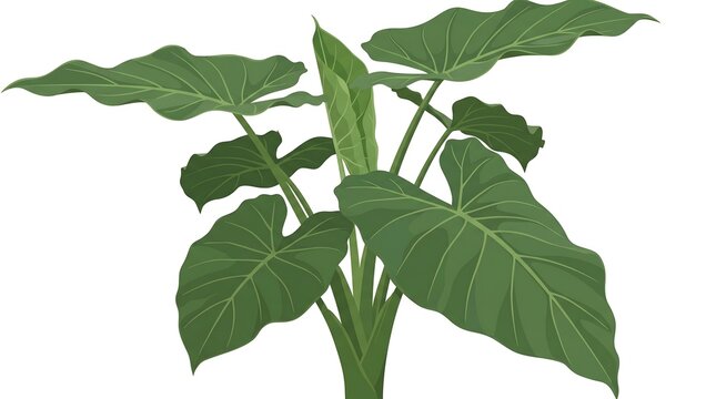 Illustration of a lush green taro plant with large heart shaped leaves.