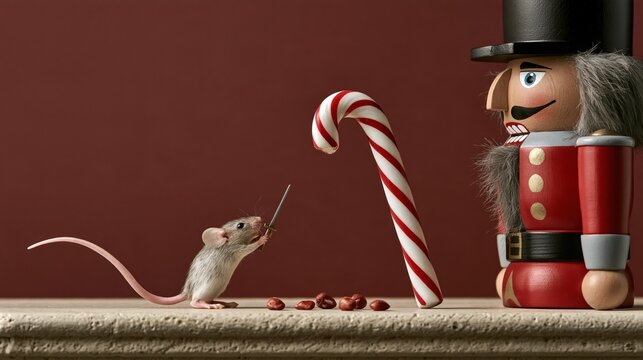 Close-up of nutcracker soldier dramatically surrendering to a tiny mouse with a candy cane sword. Humorous Christmas photo for holiday blogs.
