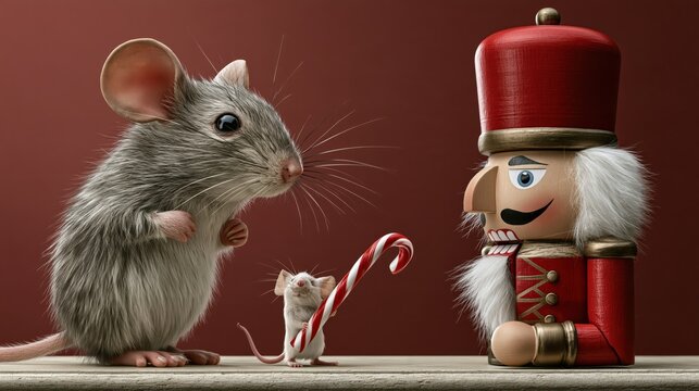 Wide shot of nutcracker soldier dramatically surrendering to a tiny mouse with a candy cane sword. Humorous Christmas photo for holiday blogs.