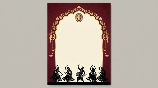 Traditional indian folk dance silhouette people performing with drums in a decorated golden archway frame