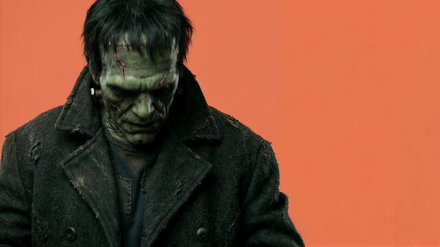 Frankenstein monster in ragged coat on orange studio background. Halloween costume character portrait. Classic horror movie monster. Spooky holiday and scary costume concept. Copy space.