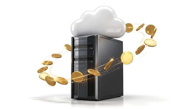 Digital cloud server with gold coins orbiting for online finance and crypto mining
