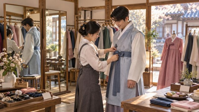 Staff adjusting visitor's hanbok waist tie in Korean rental shop