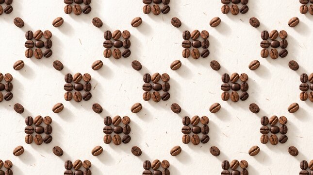 Neat grid arrangement of roasted coffee beans forming a repeating pattern on white background